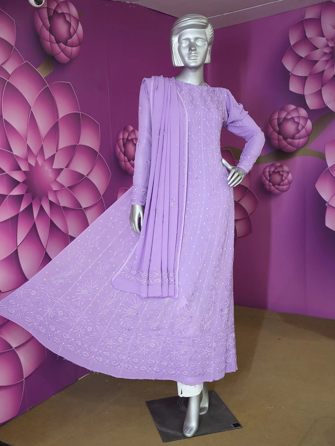 Ada Hand Embroidered Mauve Viscose Georgette Lucknowi Chikankari Semi-Stitched Anarkali Kurta Dupatta Set With Pearl Work 01A264023