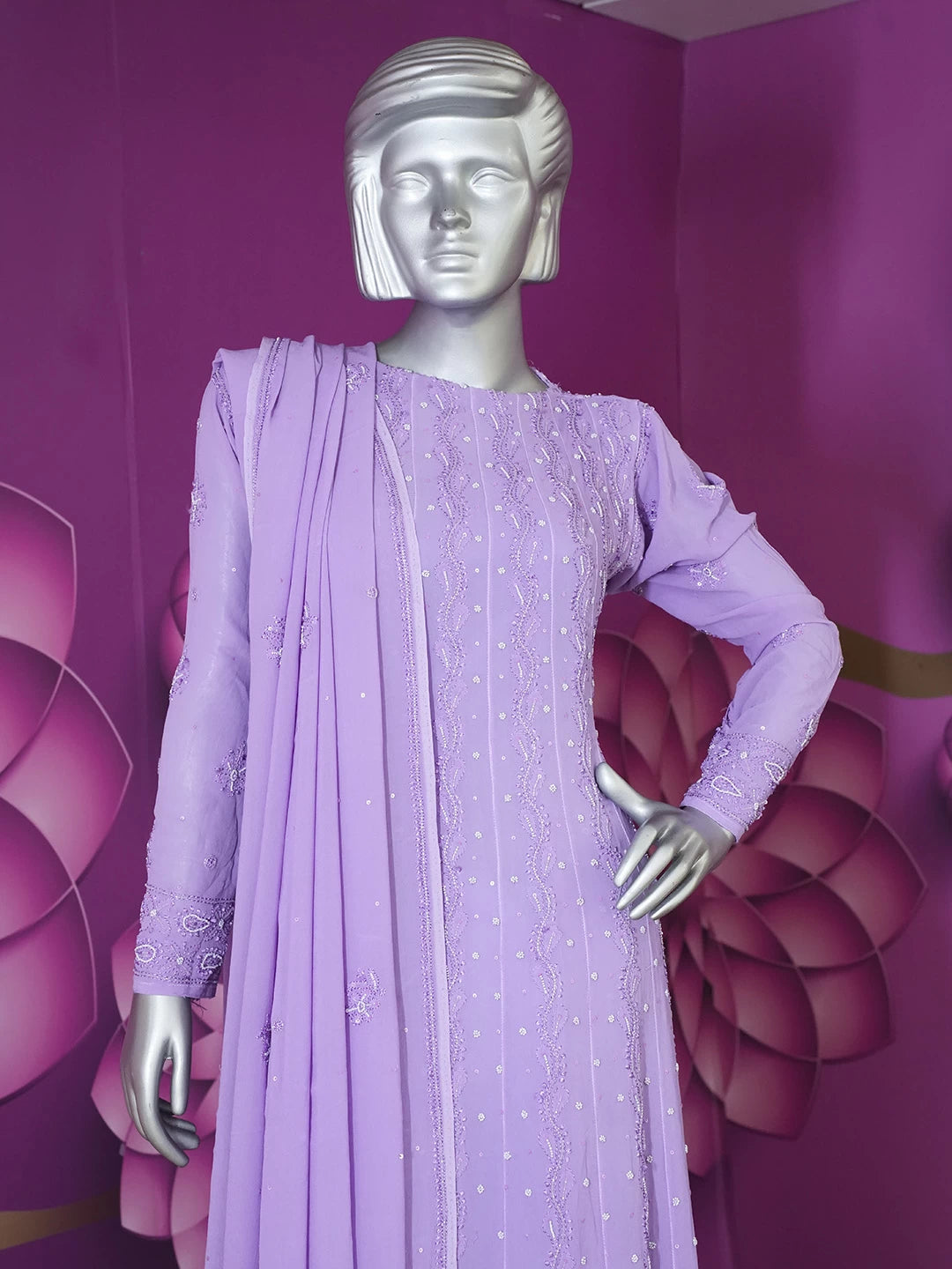 Ada Hand Embroidered Mauve Viscose Georgette Lucknowi Chikankari Semi-Stitched Anarkali Kurta Dupatta Set With Pearl Work 01A264023