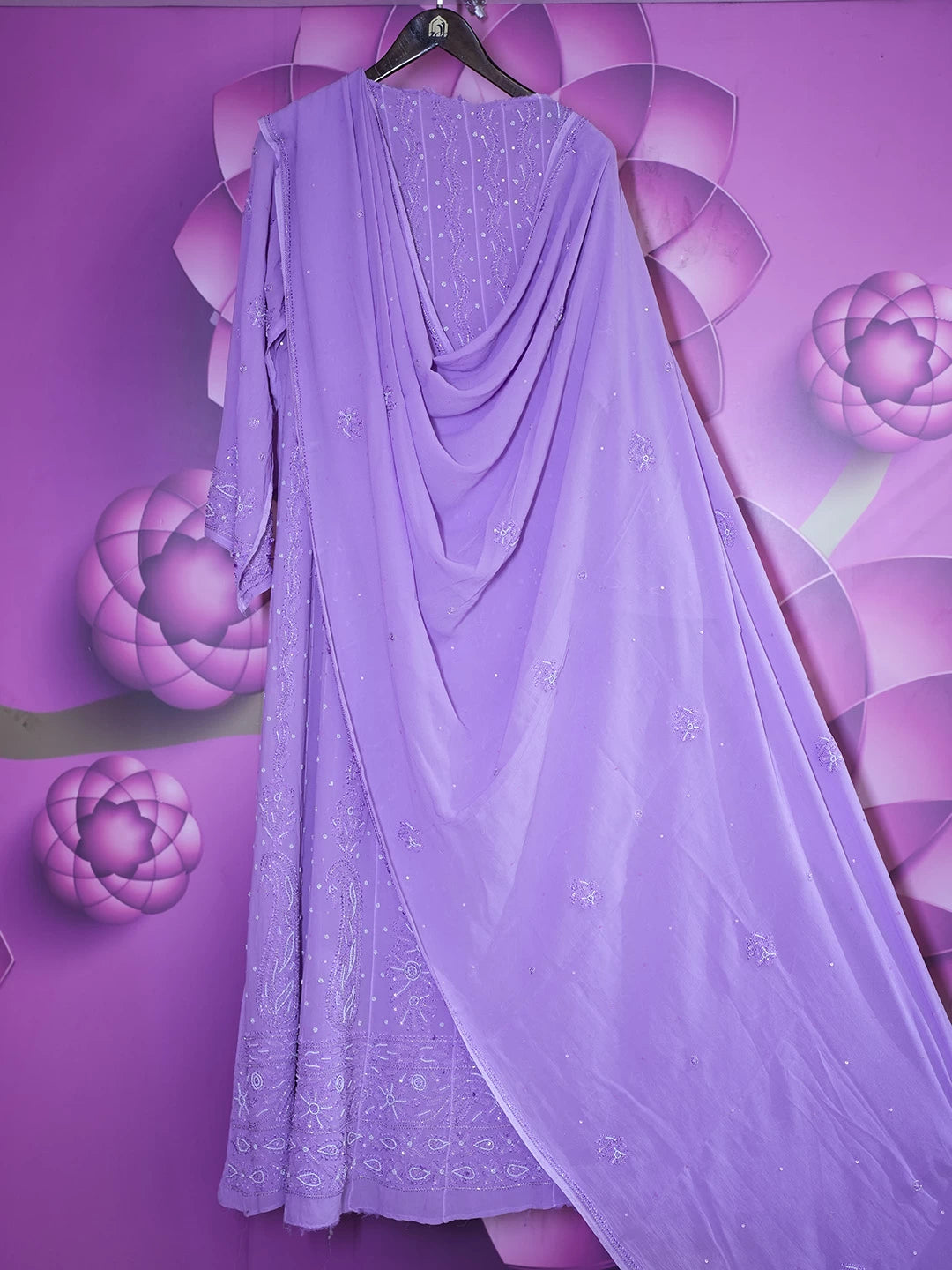 Ada Hand Embroidered Mauve Viscose Georgette Lucknowi Chikankari Semi-Stitched Anarkali Kurta Dupatta Set With Pearl Work 01A264023