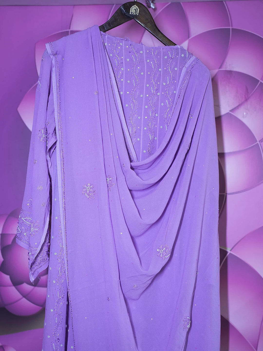 Ada Hand Embroidered Mauve Viscose Georgette Lucknowi Chikankari Semi-Stitched Anarkali Kurta Dupatta Set With Pearl Work 01A264023