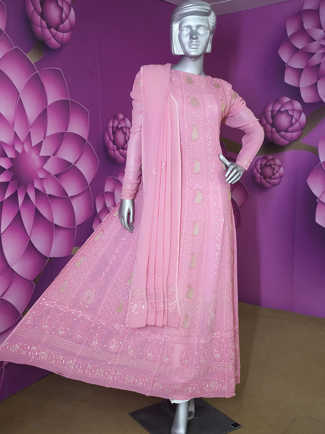 Ada Hand Embroidered Carrot Pink Viscose Georgette Lucknowi Chikankari Semi-Stitched Anarkali Kurta Dupatta Set With Sequinned Work 01A324978