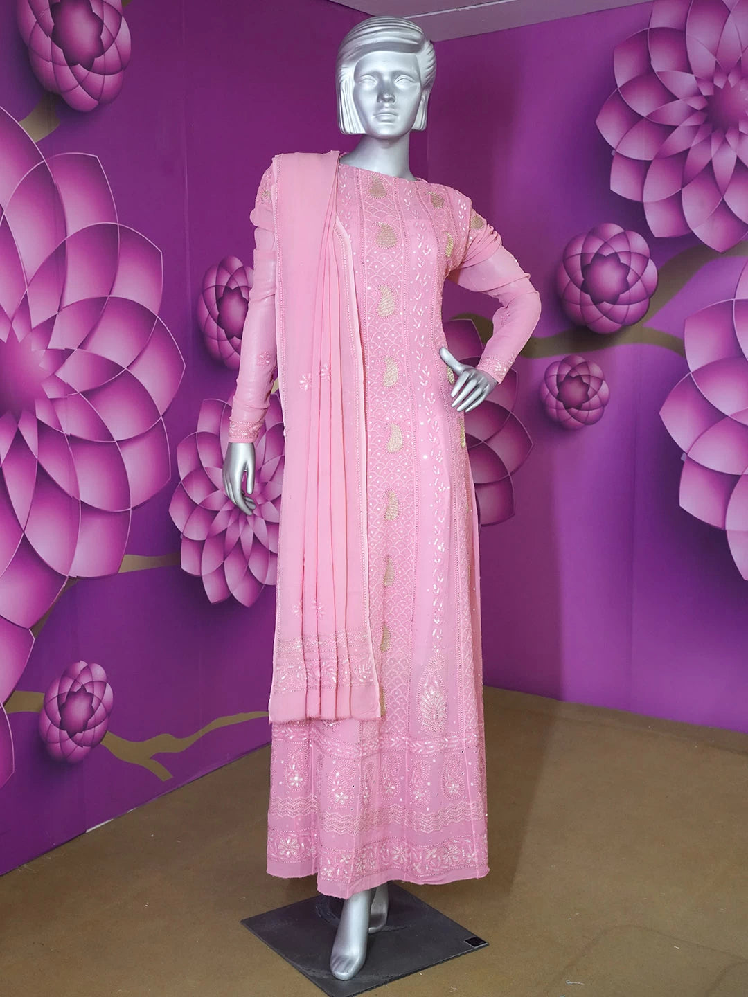 Ada Hand Embroidered Carrot Pink Viscose Georgette Lucknowi Chikankari Semi-Stitched Anarkali Kurta Dupatta Set With Sequinned Work 01A324978