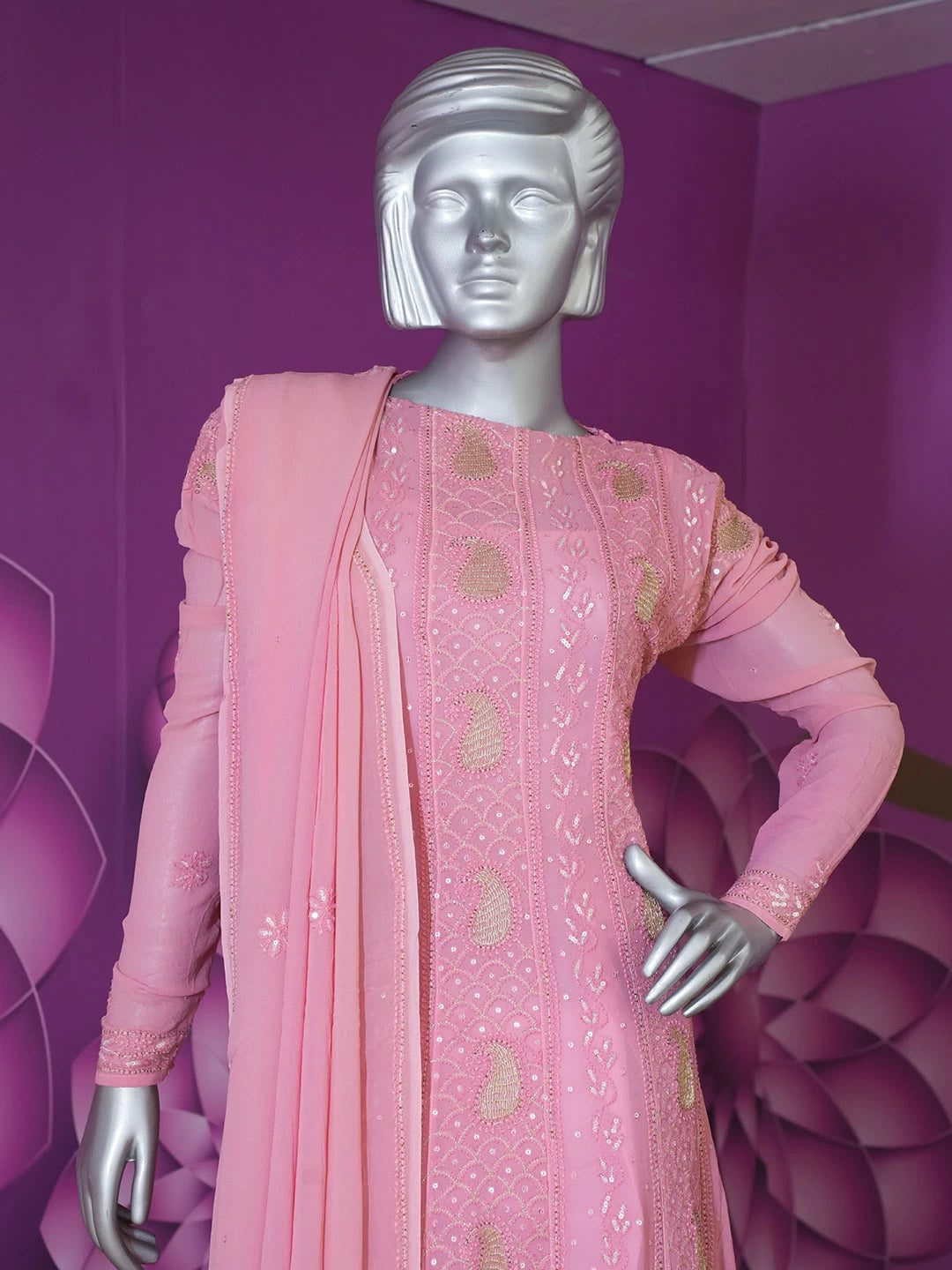 Ada Hand Embroidered Carrot Pink Viscose Georgette Lucknowi Chikankari Semi-Stitched Anarkali Kurta Dupatta Set With Sequinned Work 01A324978
