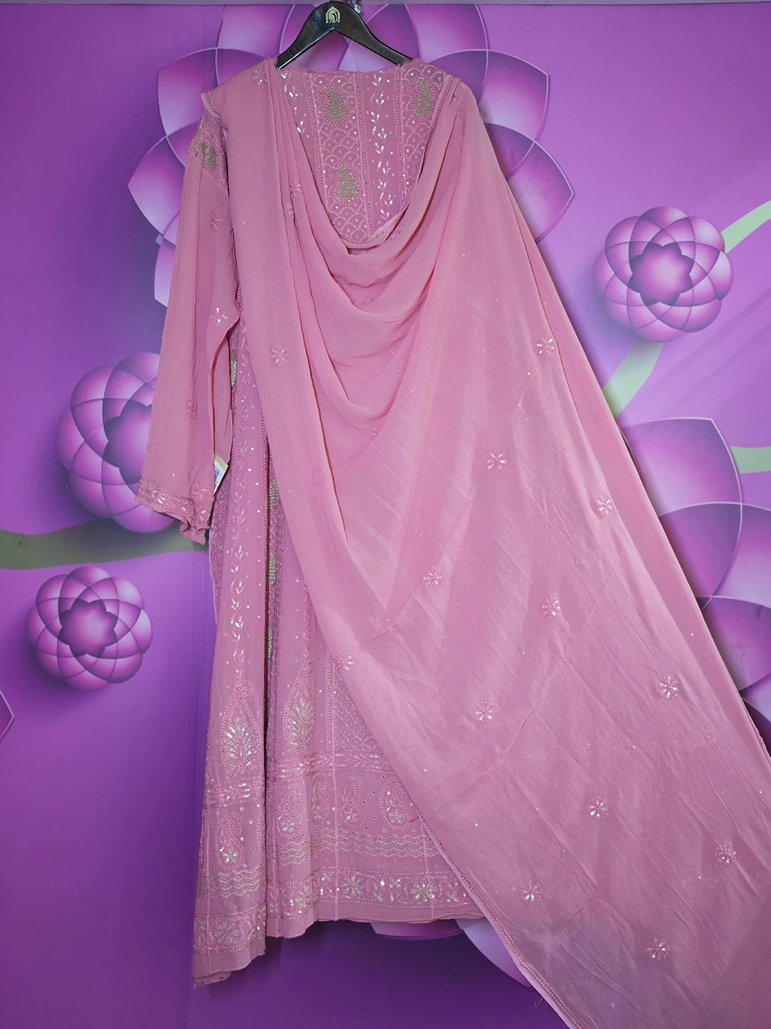 Ada Hand Embroidered Carrot Pink Viscose Georgette Lucknowi Chikankari Semi-Stitched Anarkali Kurta Dupatta Set With Sequinned Work 01A324978