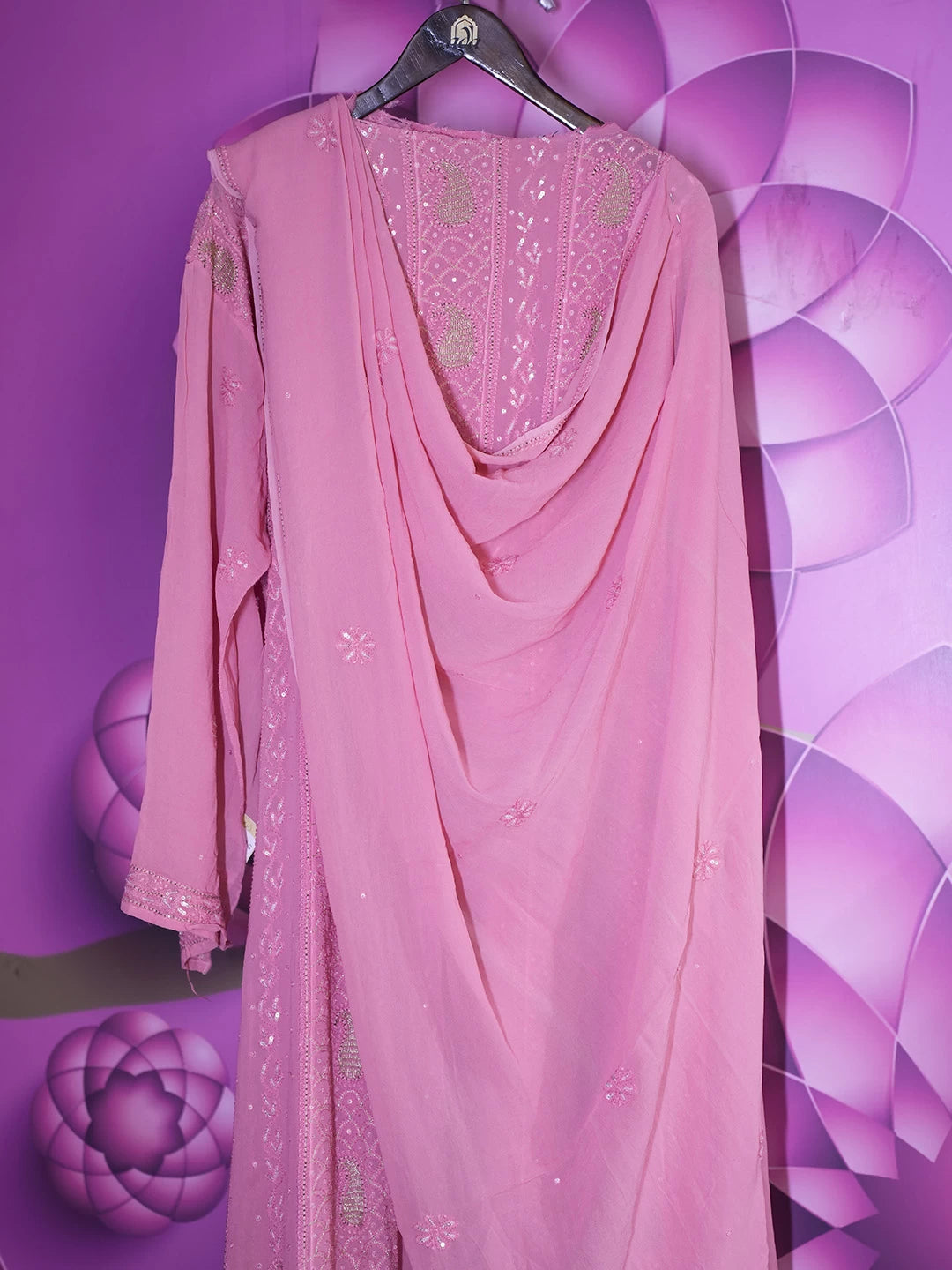 Ada Hand Embroidered Carrot Pink Viscose Georgette Lucknowi Chikankari Semi-Stitched Anarkali Kurta Dupatta Set With Sequinned Work 01A324978