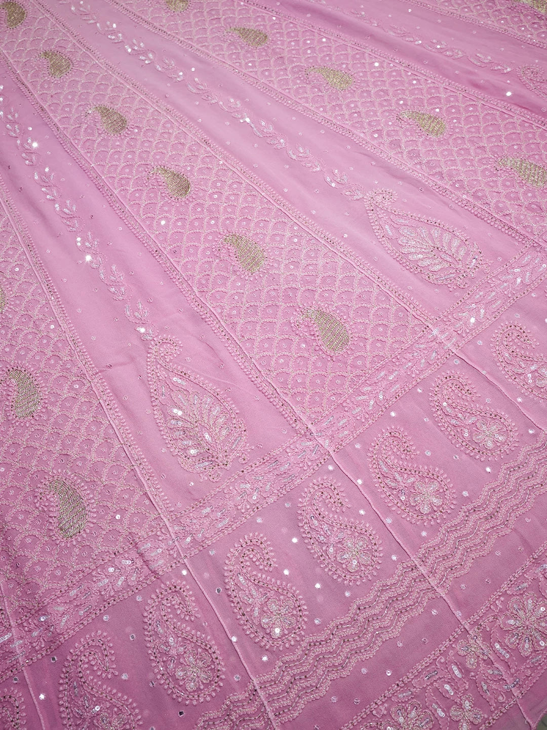 Ada Hand Embroidered Carrot Pink Viscose Georgette Lucknowi Chikankari Semi-Stitched Anarkali Kurta Dupatta Set With Sequinned Work 01A324978