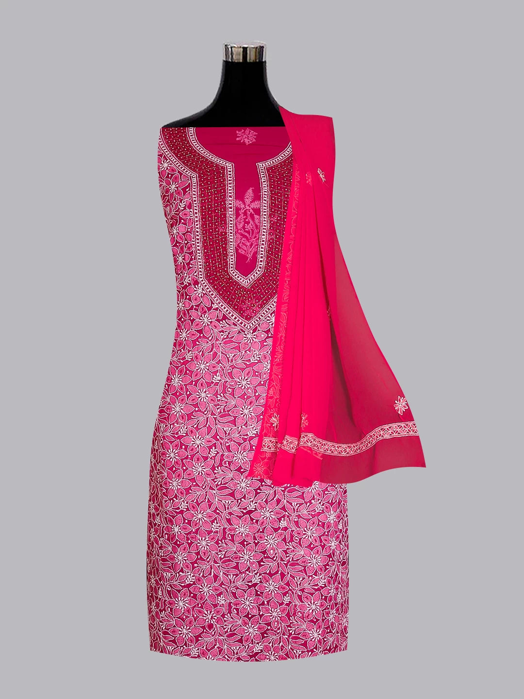 Ada Hand Embroidered Magenta Georgette Lucknowi Chikankari Unstitched Suit Piece With Pearl Work 01A530658