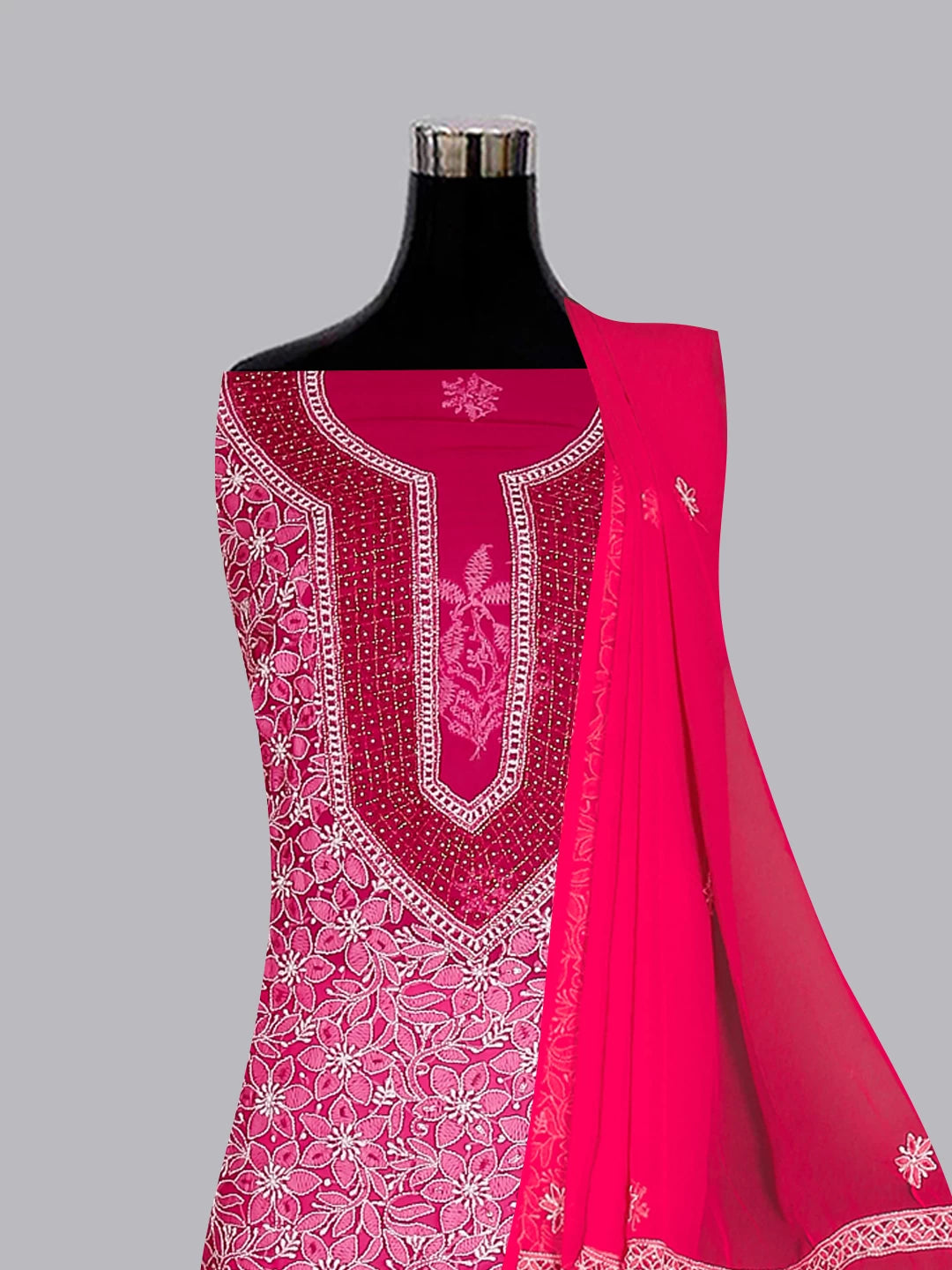 Ada Hand Embroidered Magenta Georgette Lucknowi Chikankari Unstitched Suit Piece With Pearl Work 01A530658