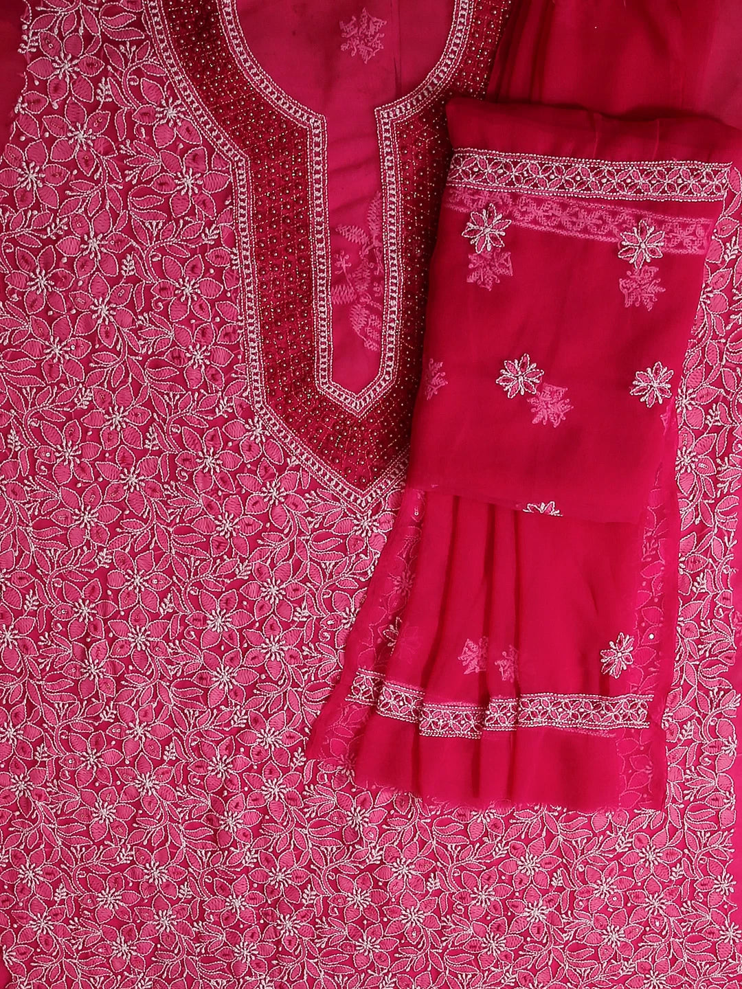 Ada Hand Embroidered Magenta Georgette Lucknowi Chikankari Unstitched Suit Piece With Pearl Work 01A530658