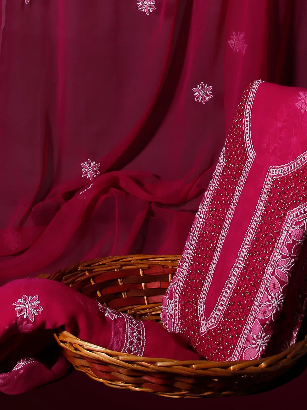 Ada Hand Embroidered Magenta Georgette Lucknowi Chikankari Unstitched Suit Piece With Pearl Work 01A530658