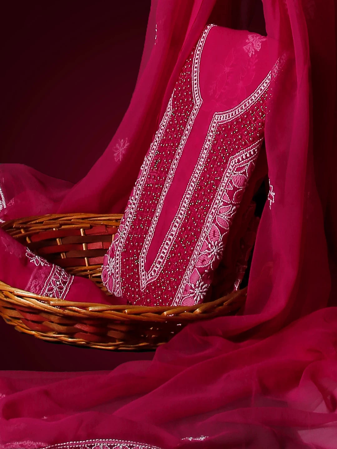 Ada Hand Embroidered Magenta Georgette Lucknowi Chikankari Unstitched Suit Piece With Pearl Work 01A530658