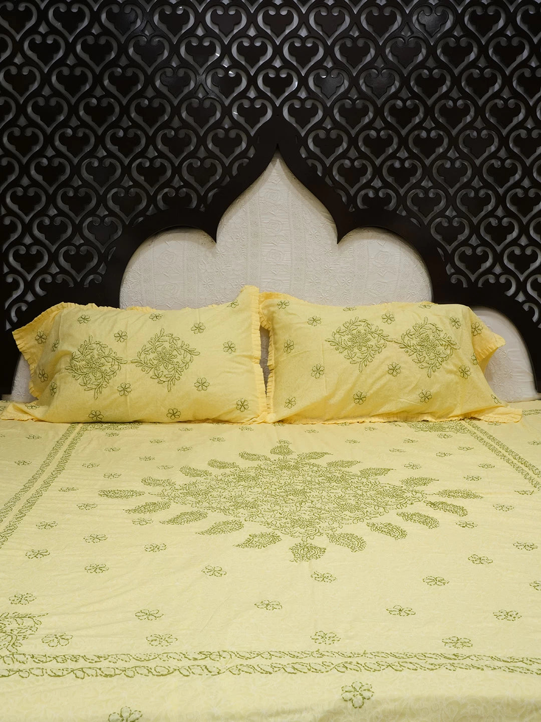 Ada Hand Embroidered Yellow Cotton Lucknowi Chikankari Bed Sheet With Pillow And Cushion Cover Set 01A492956