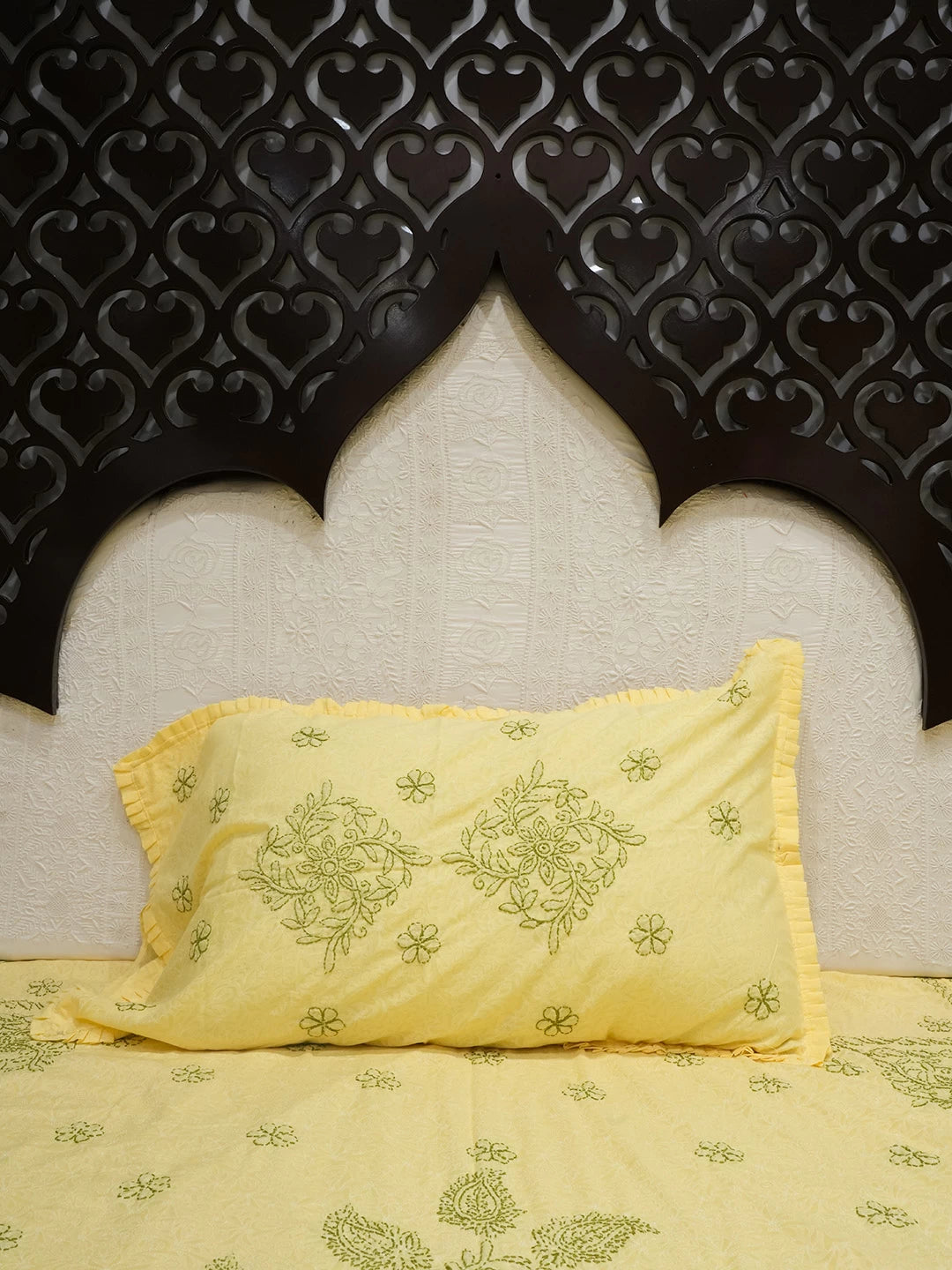 Ada Hand Embroidered Yellow Cotton Lucknowi Chikankari Bed Sheet With Pillow And Cushion Cover Set 01A492956