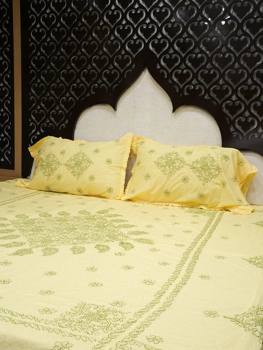 Ada Hand Embroidered Yellow Cotton Lucknowi Chikankari Bed Sheet With Pillow And Cushion Cover Set 01A492956