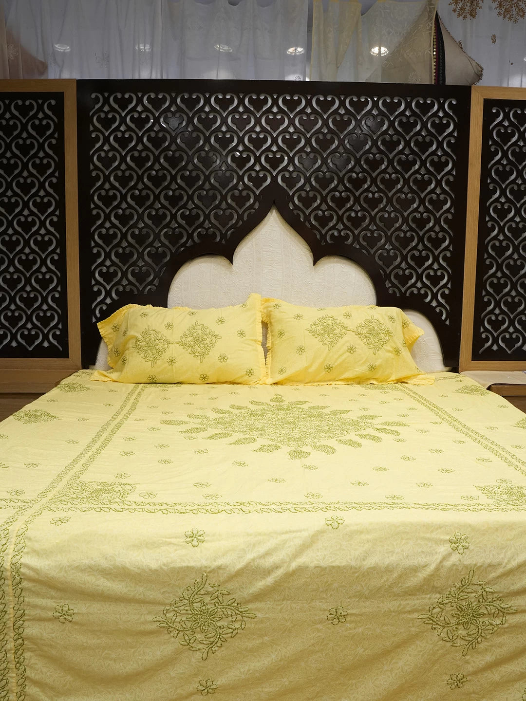 Ada Hand Embroidered Yellow Cotton Lucknowi Chikankari Bed Sheet With Pillow And Cushion Cover Set 01A492956