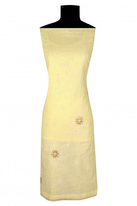 Ada Hand Embroidered Lemon Cotton Lucknowi Chikankari Unstitched Kurta Dupatta Set with Gota Patti Work A251258
