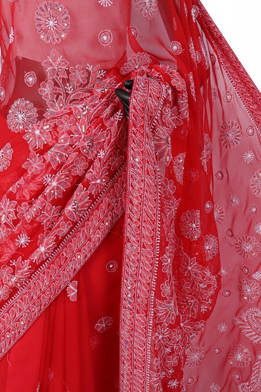 Ada Hand Embroidered Red Georgette Lucknowi Chikankari Saree/Blouse with Sequinned work 01A108206