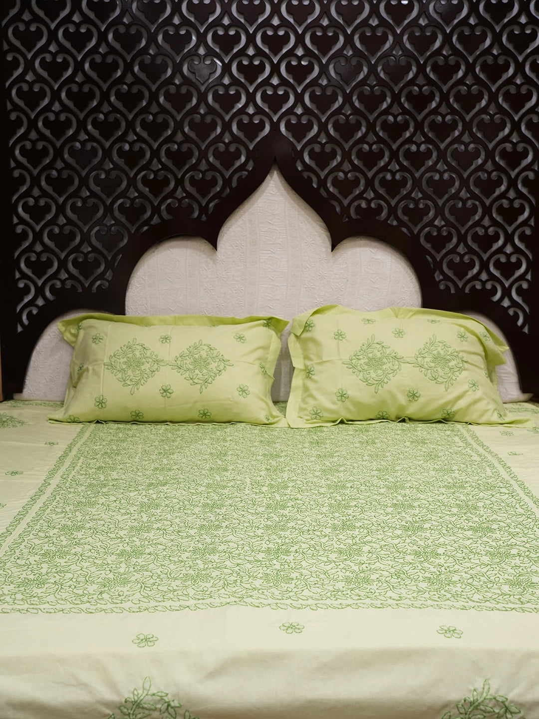 Ada Hand Embroidered Lime Green Cotton Lucknowi Chikankari Bed Sheet With Pillow And Cushion Cover Set 01A492928