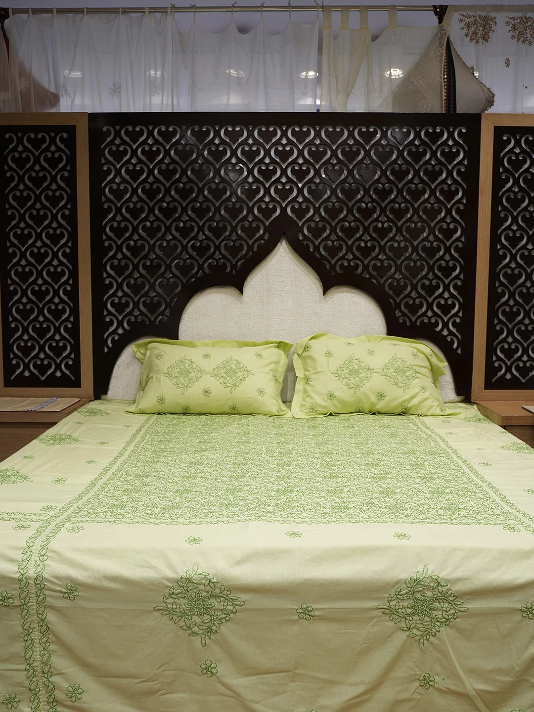 Ada Hand Embroidered Lime Green Cotton Lucknowi Chikankari Bed Sheet With Pillow And Cushion Cover Set 01A492928