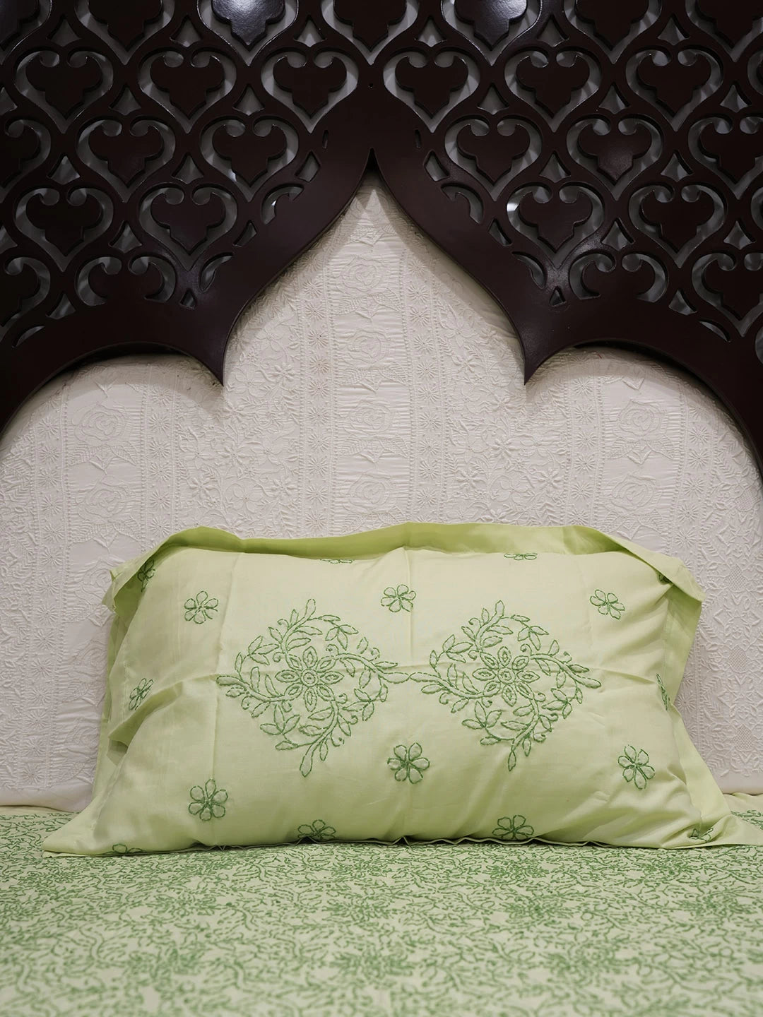Ada Hand Embroidered Lime Green Cotton Lucknowi Chikankari Bed Sheet With Pillow And Cushion Cover Set 01A492928