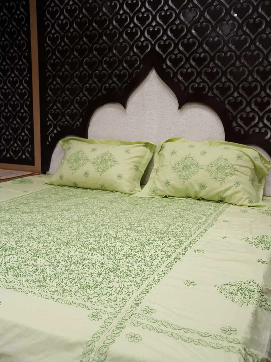 Ada Hand Embroidered Lime Green Cotton Lucknowi Chikankari Bed Sheet With Pillow And Cushion Cover Set 01A492928