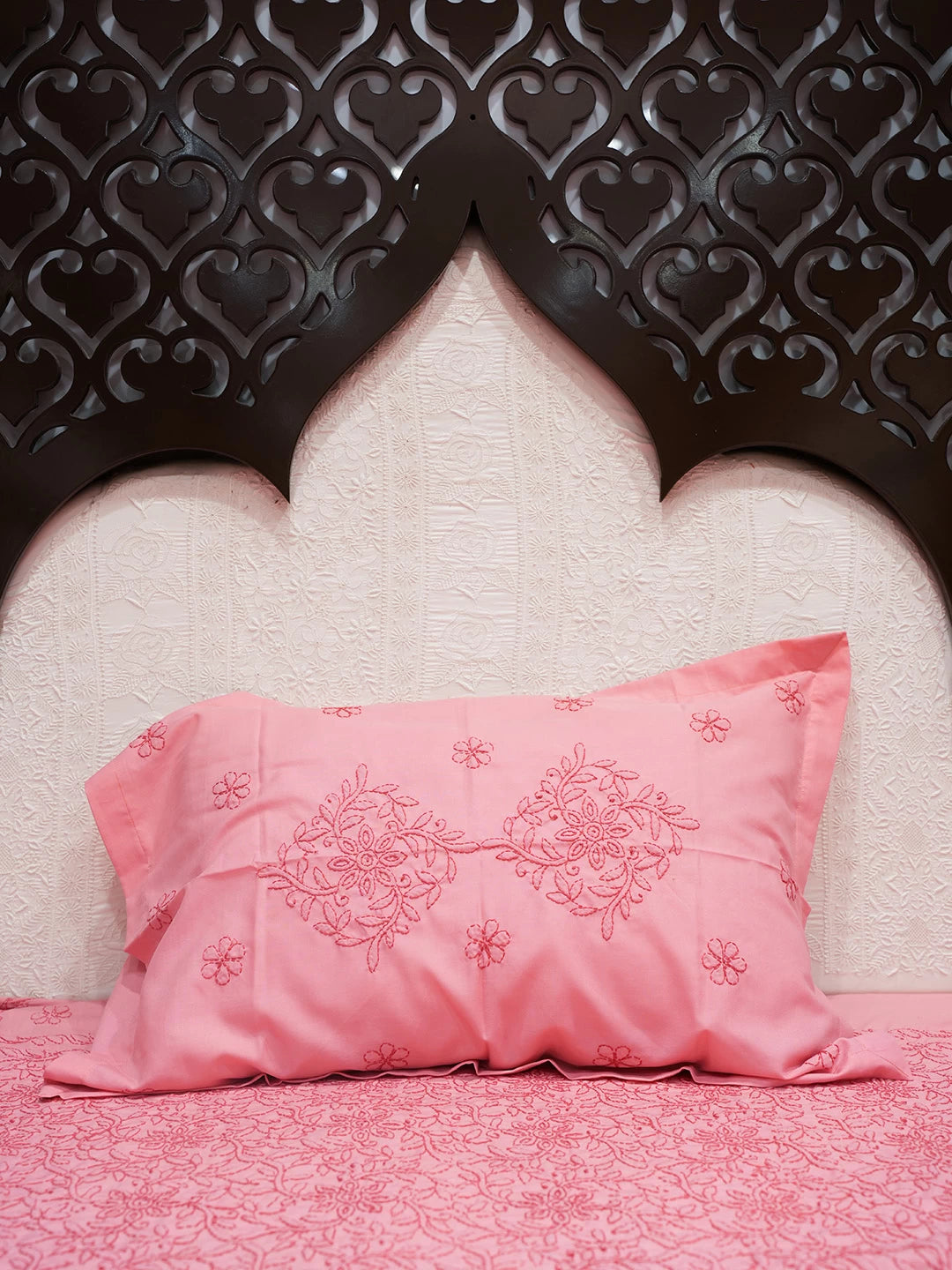 Ada Hand Embroidered Carrot Pink Cotton Lucknowi Chikankari Bed Sheet With Pillow Cover Set 01A492941
