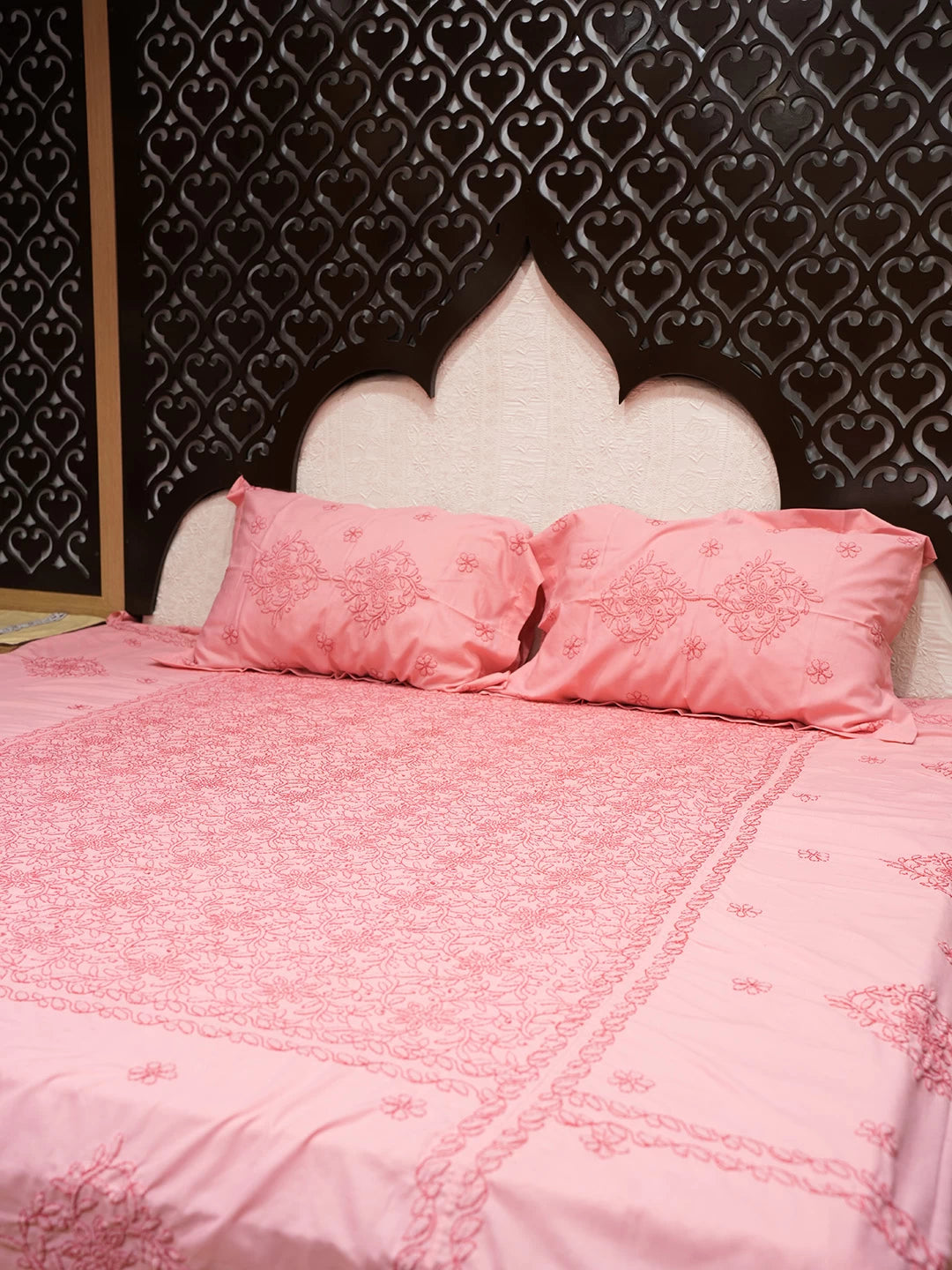 Ada Hand Embroidered Carrot Pink Cotton Lucknowi Chikankari Bed Sheet With Pillow Cover Set 01A492941
