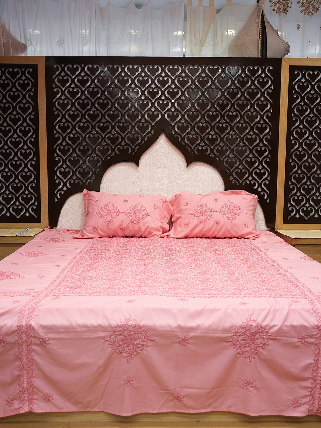 Ada Hand Embroidered Carrot Pink Cotton Lucknowi Chikankari Bed Sheet With Pillow Cover Set 01A492941