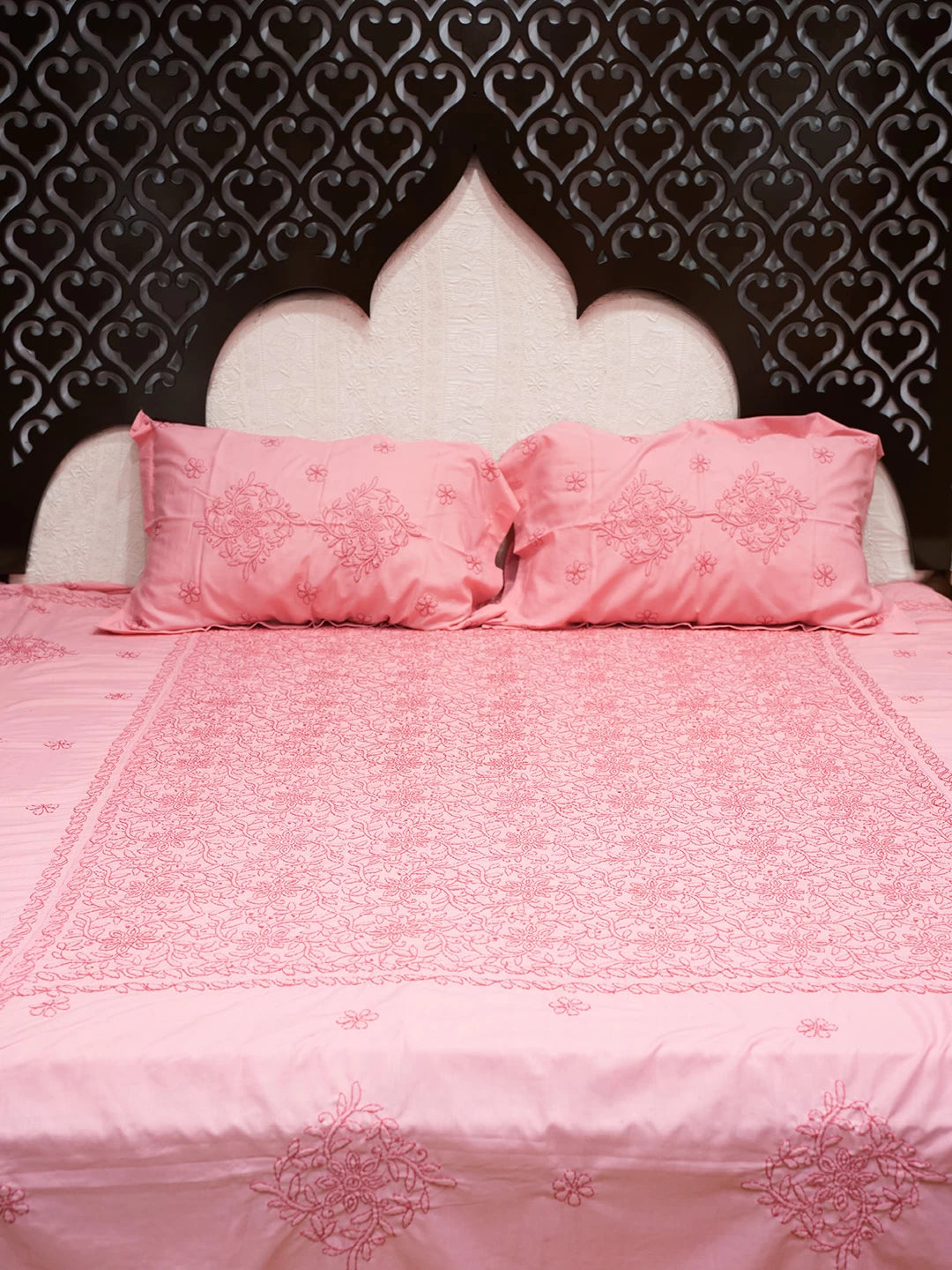Ada Hand Embroidered Carrot Pink Cotton Lucknowi Chikankari Bed Sheet With Pillow Cover Set 01A492941