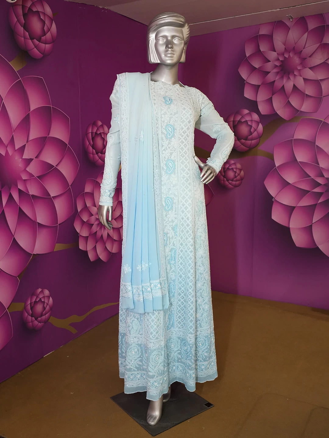 Ada Hand Embroidered Sky Blue Pure Georgette Lucknowi Chikankari Semi-Stitched Anarkali Kurta Dupatta Set With Pearl Work 01A398616
