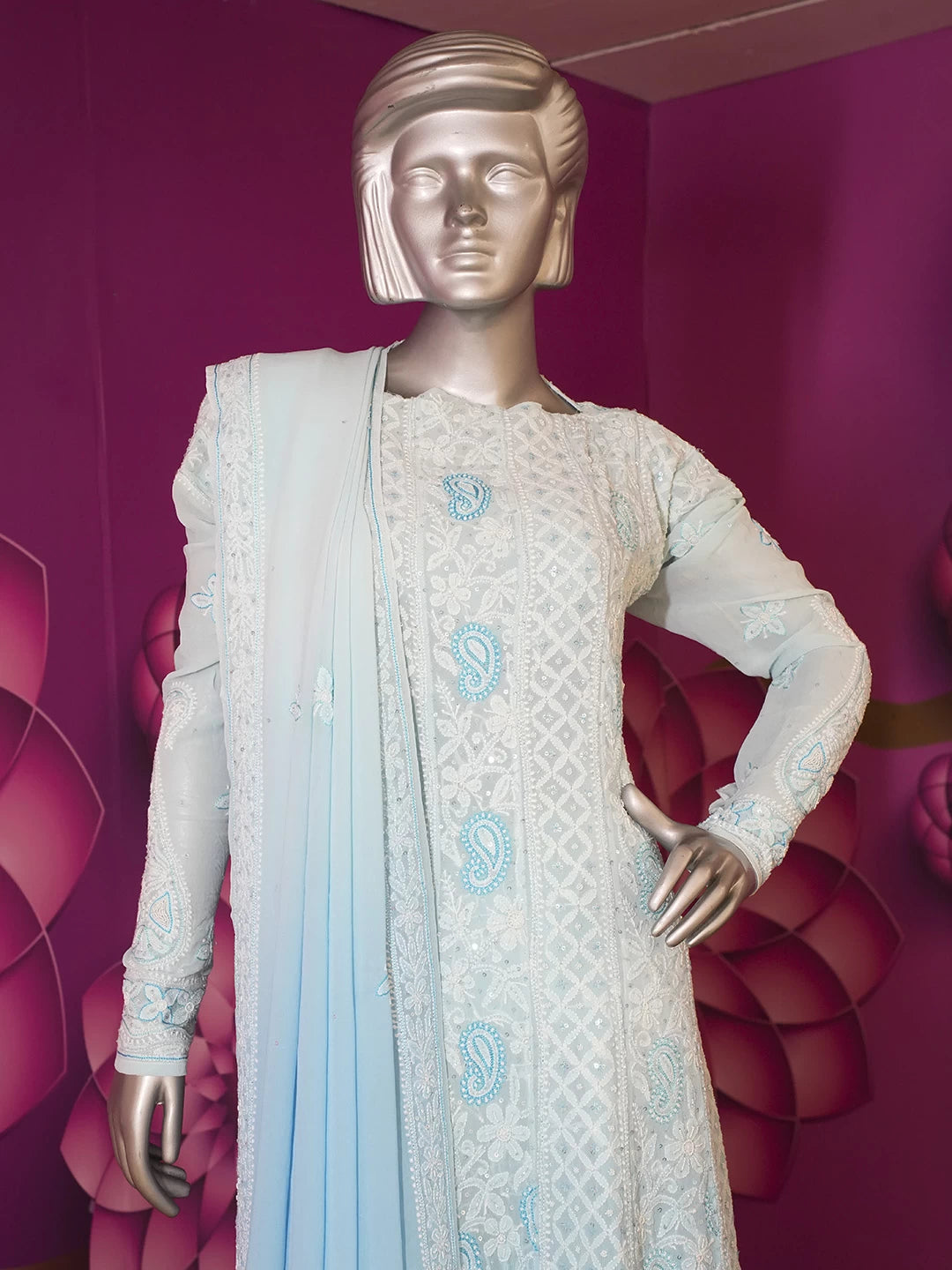 Ada Hand Embroidered Sky Blue Pure Georgette Lucknowi Chikankari Semi-Stitched Anarkali Kurta Dupatta Set With Pearl Work 01A398616