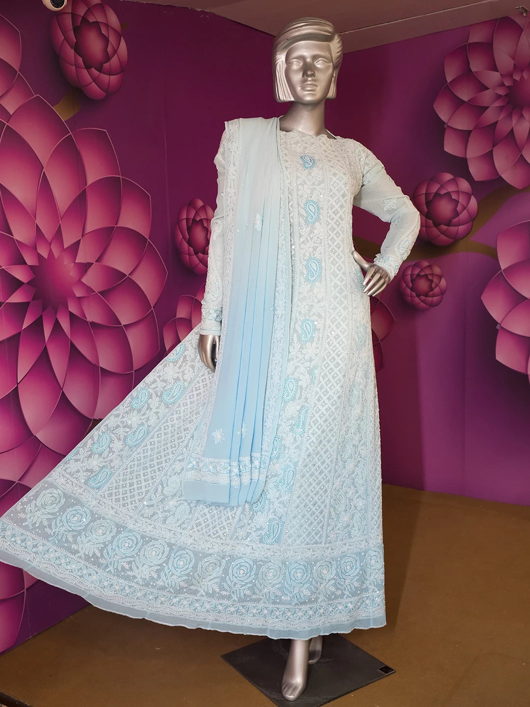 Ada Hand Embroidered Sky Blue Pure Georgette Lucknowi Chikankari Semi-Stitched Anarkali Kurta Dupatta Set With Pearl Work 01A398616