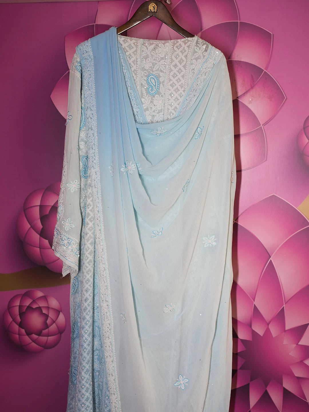 Ada Hand Embroidered Sky Blue Pure Georgette Lucknowi Chikankari Semi-Stitched Anarkali Kurta Dupatta Set With Pearl Work 01A398616