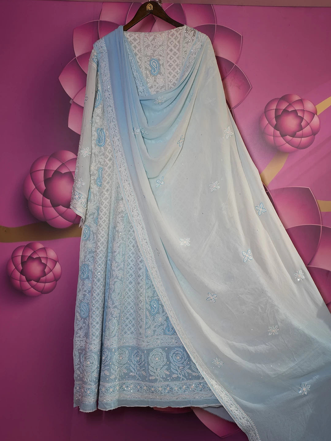 Ada Hand Embroidered Sky Blue Pure Georgette Lucknowi Chikankari Semi-Stitched Anarkali Kurta Dupatta Set With Pearl Work 01A398616