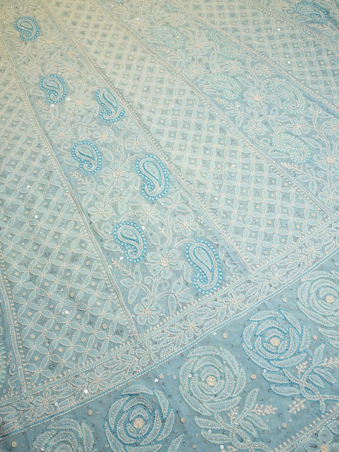 Ada Hand Embroidered Sky Blue Pure Georgette Lucknowi Chikankari Semi-Stitched Anarkali Kurta Dupatta Set With Pearl Work 01A398616