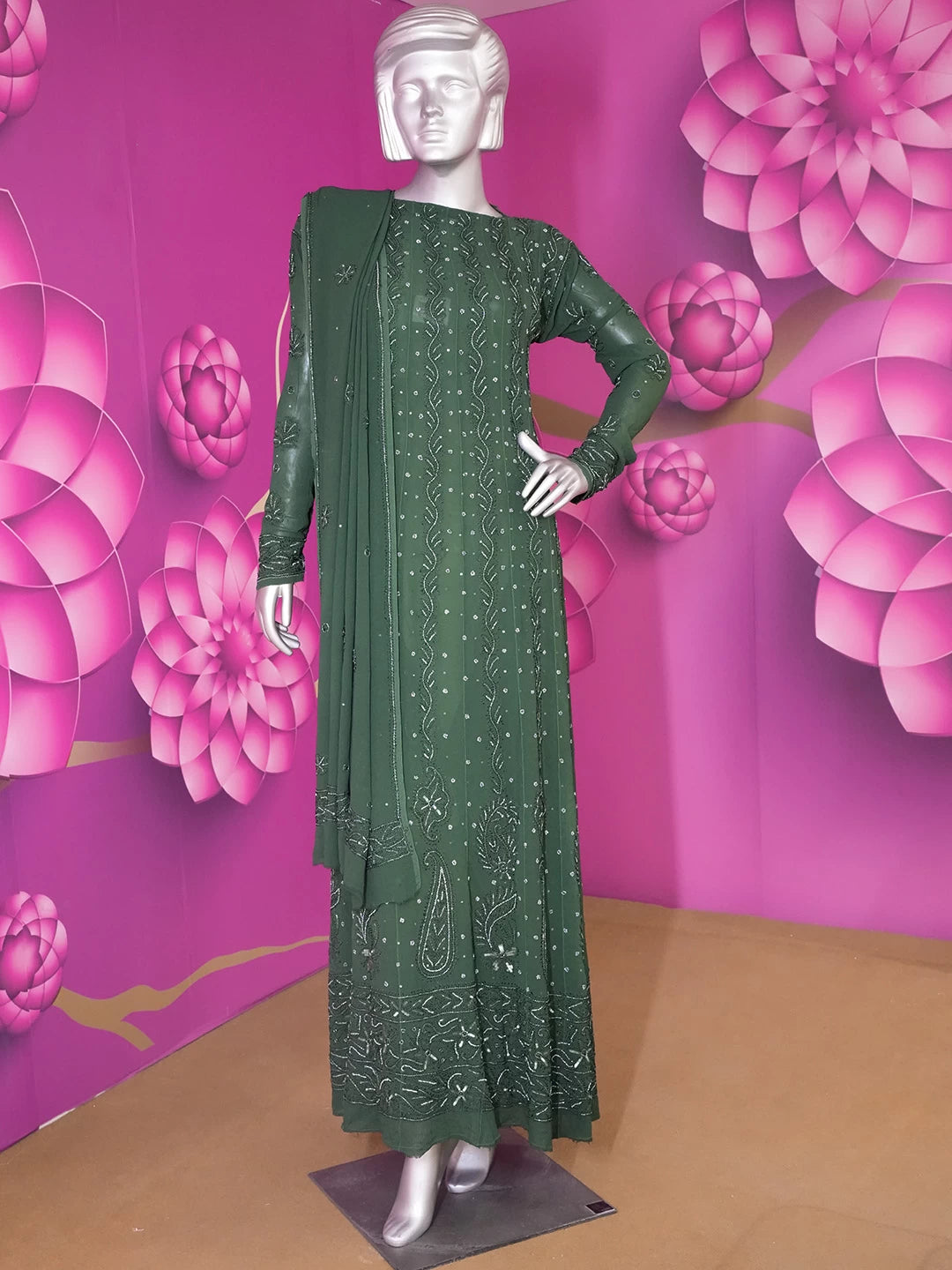 Ada Hand Embroidered Bottle Green Viscose Georgette Lucknowi Chikankari Semi-Stitched Anarkali Kurta Dupatta Set With Sequinned Work 01A264030