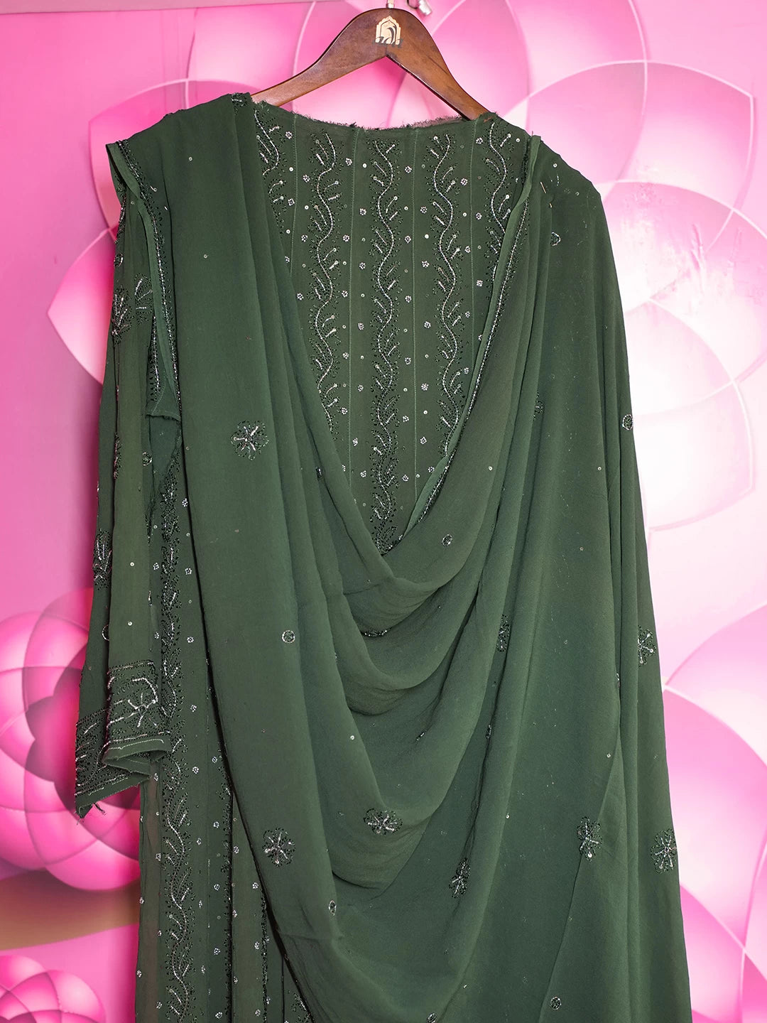 Ada Hand Embroidered Bottle Green Viscose Georgette Lucknowi Chikankari Semi-Stitched Anarkali Kurta Dupatta Set With Sequinned Work 01A264030