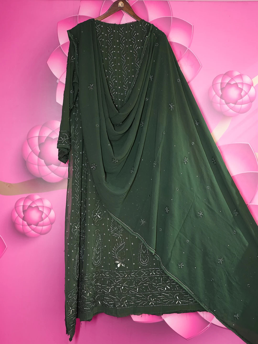 Ada Hand Embroidered Bottle Green Viscose Georgette Lucknowi Chikankari Semi-Stitched Anarkali Kurta Dupatta Set With Sequinned Work 01A264030