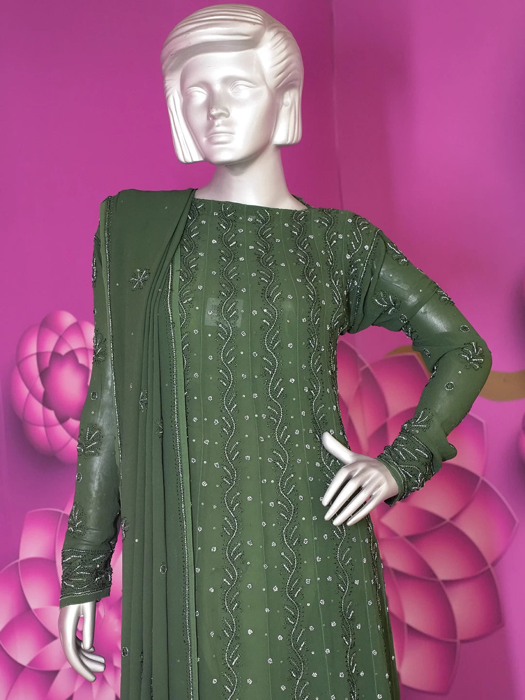 Ada Hand Embroidered Bottle Green Viscose Georgette Lucknowi Chikankari Semi-Stitched Anarkali Kurta Dupatta Set With Sequinned Work 01A264030