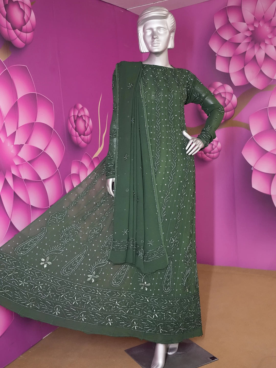 Ada Hand Embroidered Bottle Green Viscose Georgette Lucknowi Chikankari Semi-Stitched Anarkali Kurta Dupatta Set With Sequinned Work 01A264030