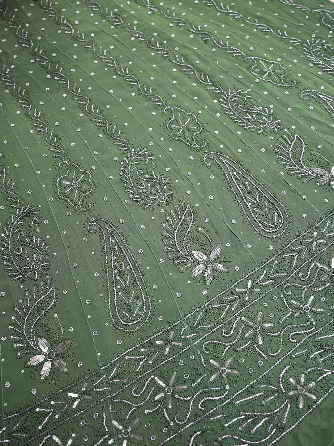 Ada Hand Embroidered Bottle Green Viscose Georgette Lucknowi Chikankari Semi-Stitched Anarkali Kurta Dupatta Set With Sequinned Work 01A264030