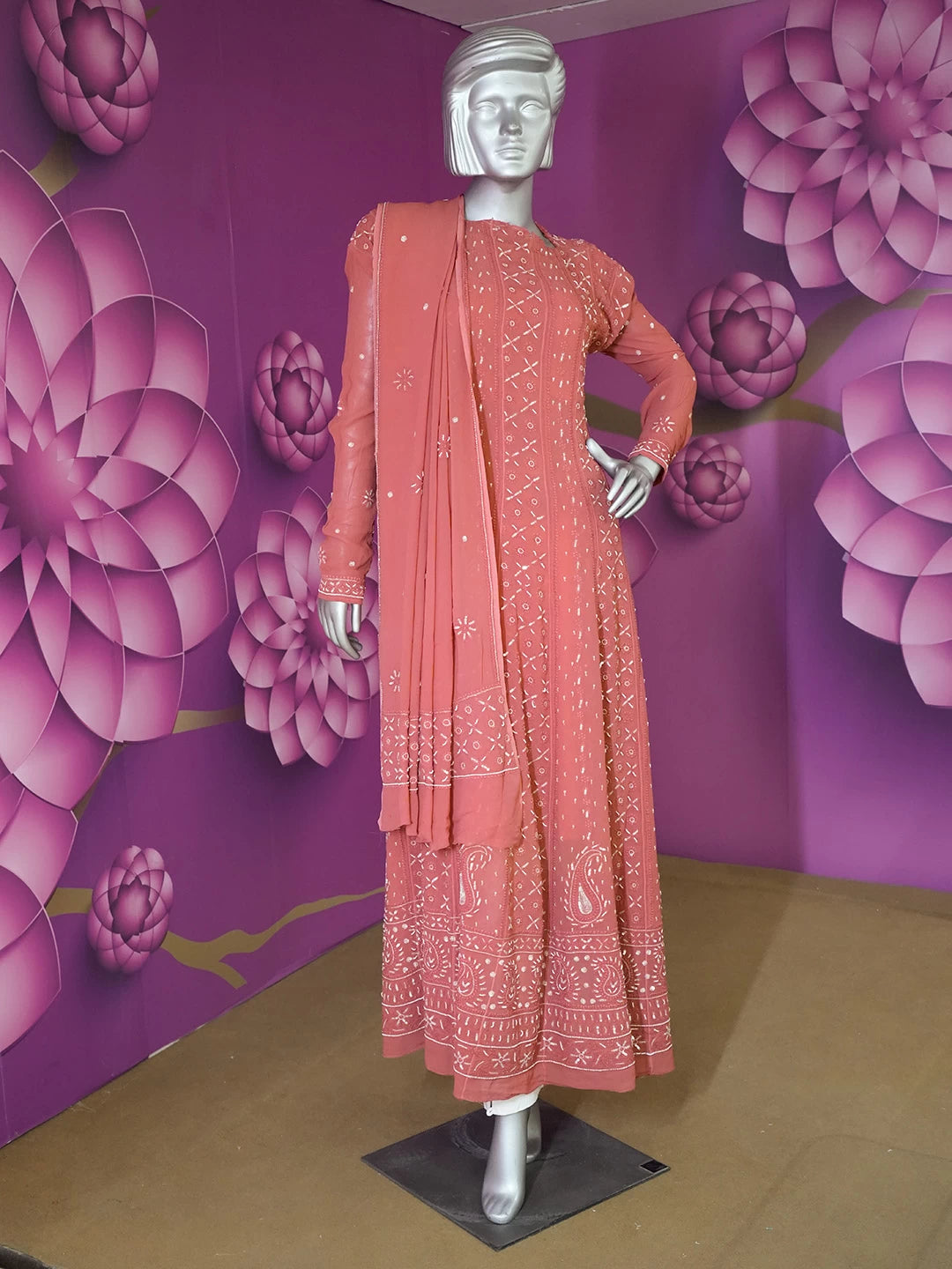 Ada Hand Embroidered Coral Pink Viscose Georgette Lucknowi Chikankari Semi-Stitched Anarkali Kurta Dupatta Set With Sequinned Work 01A302554