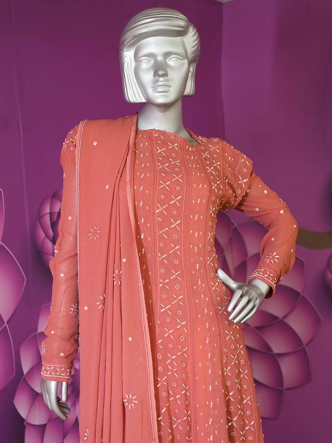 Ada Hand Embroidered Coral Pink Viscose Georgette Lucknowi Chikankari Semi-Stitched Anarkali Kurta Dupatta Set With Sequinned Work 01A302554