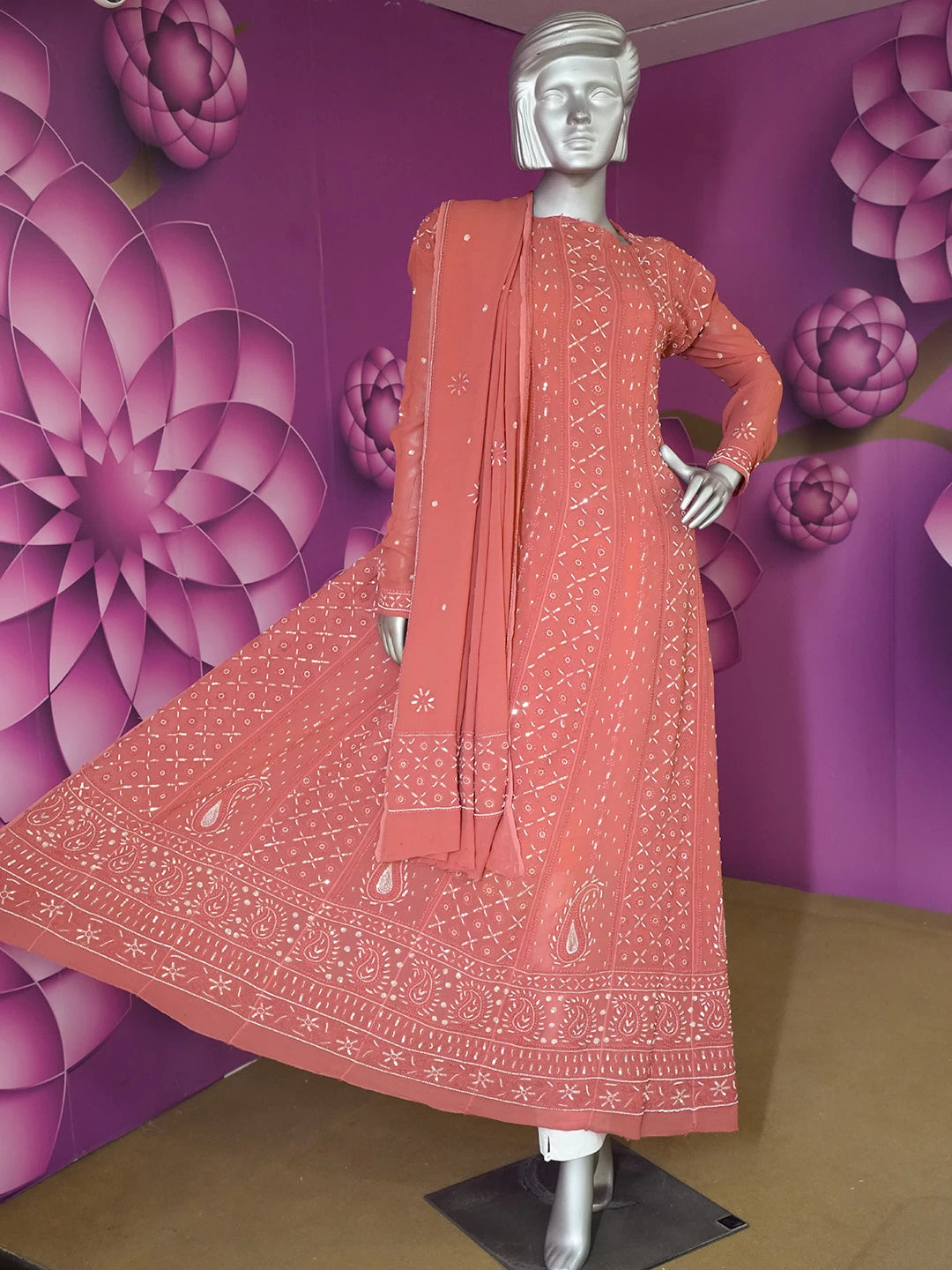 Ada Hand Embroidered Coral Pink Viscose Georgette Lucknowi Chikankari Semi-Stitched Anarkali Kurta Dupatta Set With Sequinned Work 01A302554