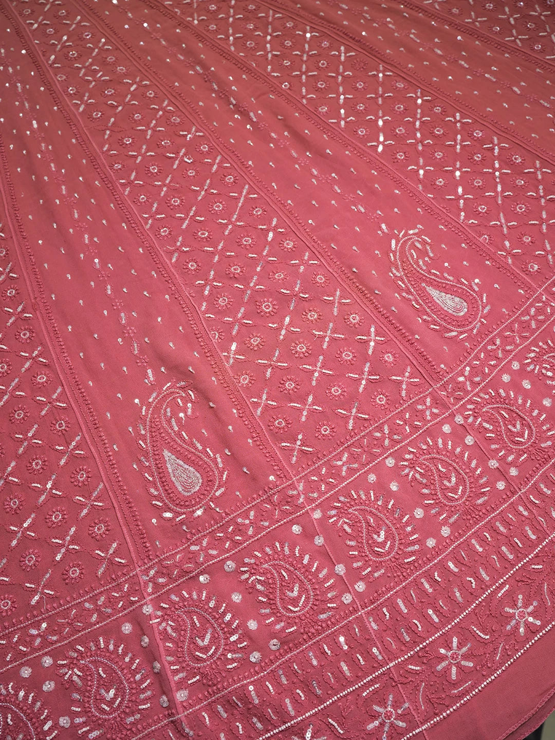 Ada Hand Embroidered Coral Pink Viscose Georgette Lucknowi Chikankari Semi-Stitched Anarkali Kurta Dupatta Set With Sequinned Work 01A302554
