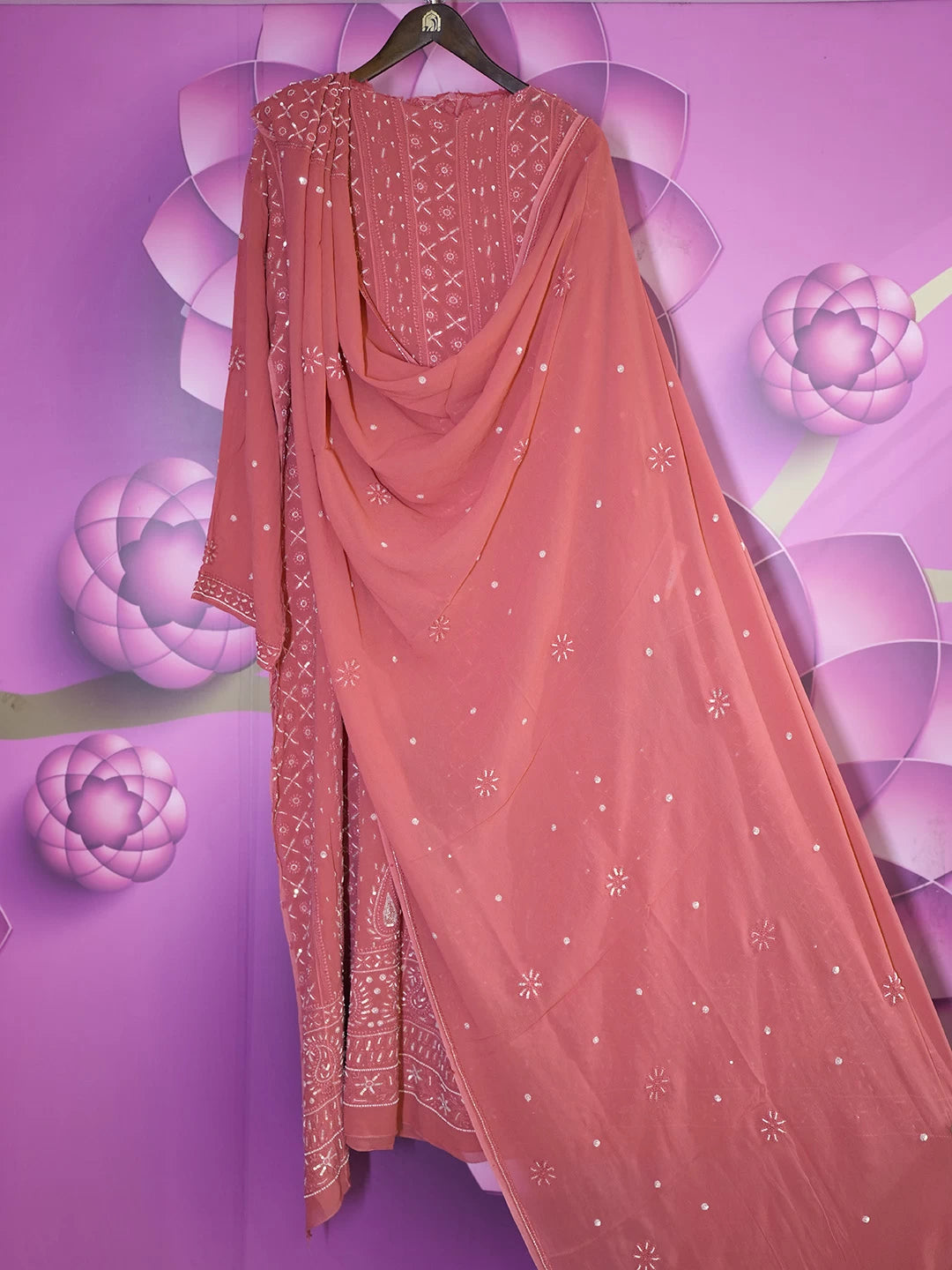 Ada Hand Embroidered Coral Pink Viscose Georgette Lucknowi Chikankari Semi-Stitched Anarkali Kurta Dupatta Set With Sequinned Work 01A302554