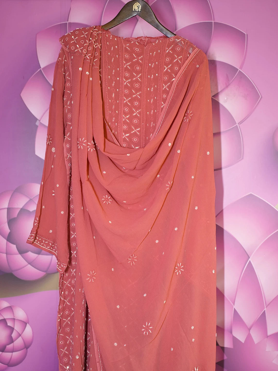 Ada Hand Embroidered Coral Pink Viscose Georgette Lucknowi Chikankari Semi-Stitched Anarkali Kurta Dupatta Set With Sequinned Work 01A302554