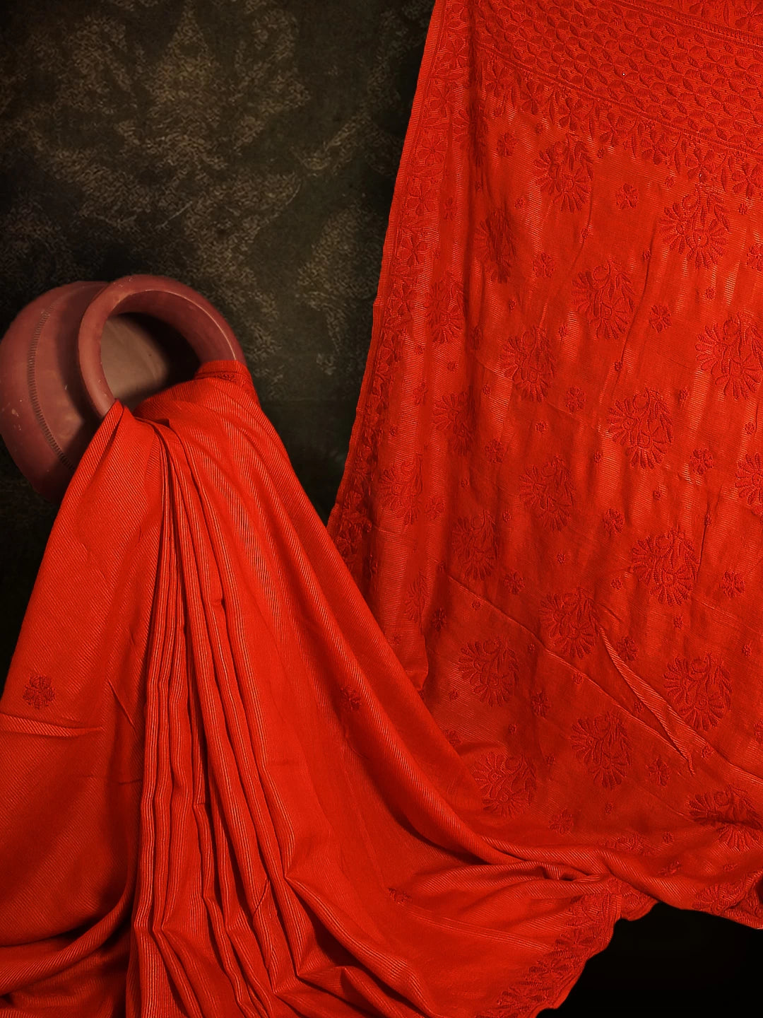 Ada Hand Embroidered Flame Orange Silk Lucknowi Chikankari Saree With Blouse 01A379747