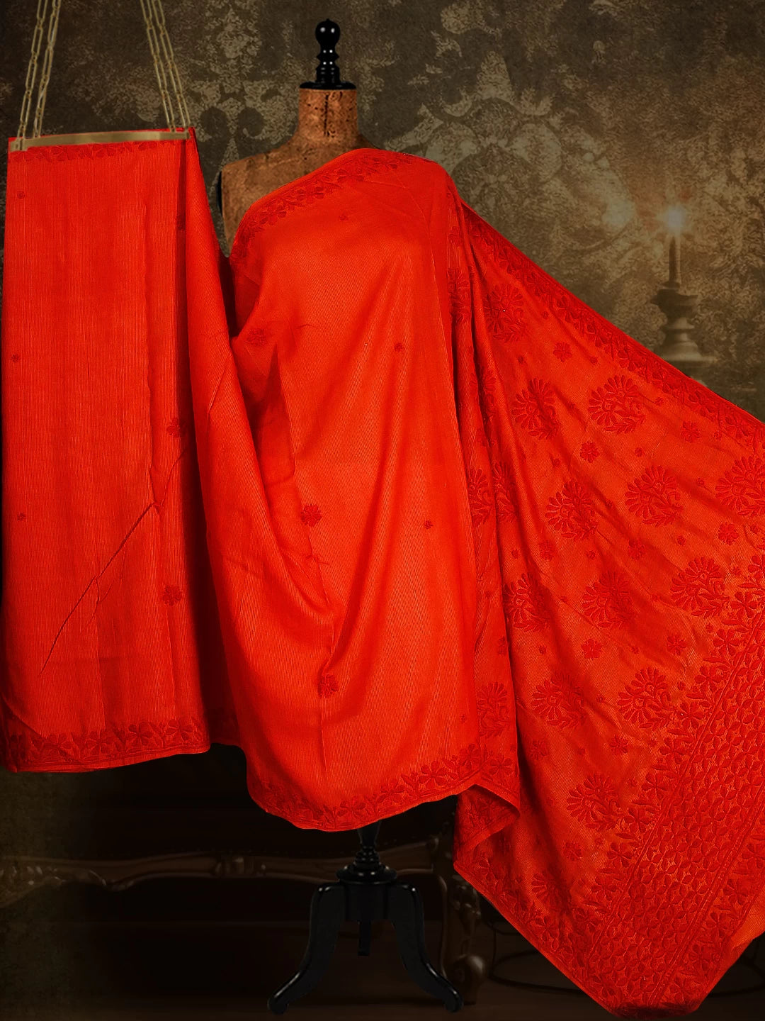 Ada Hand Embroidered Flame Orange Silk Lucknowi Chikankari Saree With Blouse 01A379747