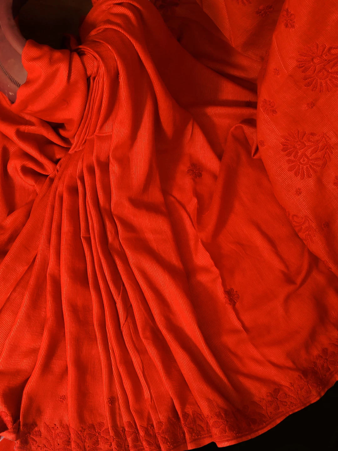 Ada Hand Embroidered Flame Orange Silk Lucknowi Chikankari Saree With Blouse 01A379747